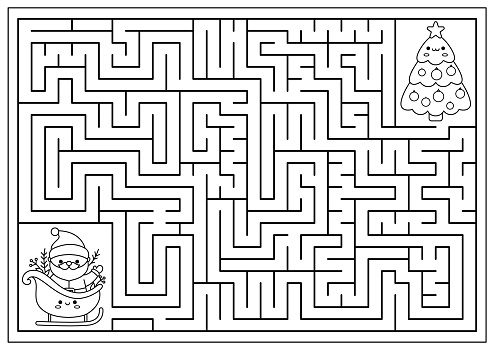 Christmas black and white maze for kids. Winter line holiday preschool printable activity with cute kawaii Santa Claus on sleigh, decorated tree. New Year labyrinth game, puzzle or coloring page