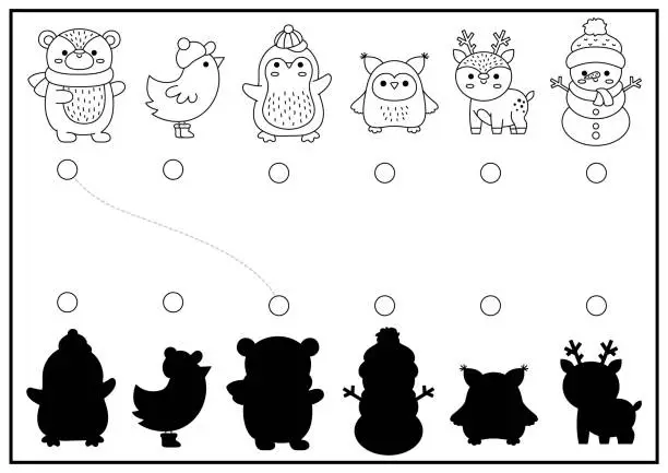 Vector illustration of Christmas black and white shadow matching activity. Winter holiday puzzle with cute kawaii animals. Find correct silhouette printable worksheet. New Year coloring page for kids