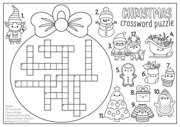 illustrazioni stock, clip art, cartoni animati e icone di tendenza di vector christmas cruciverba a forma di palla in bianco e nero per bambini. quiz invernale per le vacanze in linea kawaii per bambini. attività educativa o pagina da colorare. carino capodanno parola crociata in lingua inglese - 7650