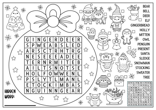 ilustrações de stock, clip art, desenhos animados e ícones de vector christmas black and white ball shaped word search puzzle for kids. winter line kawaii holiday quiz for children. educational coloring page. cute new year english language cross word - 7651