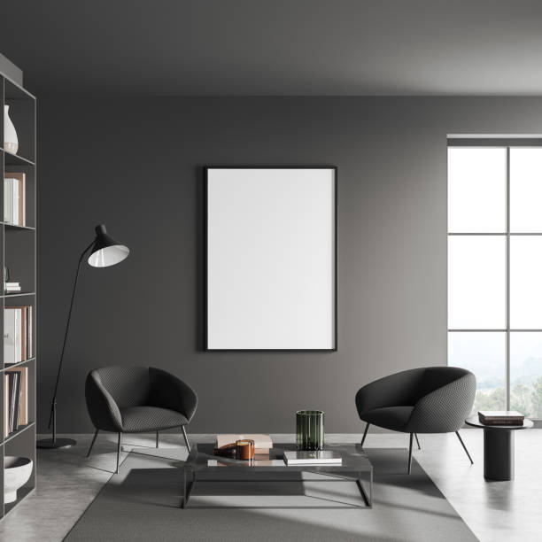 istock Grey relax room interior with chairs and shelf with window. Mockup frame 1433839151