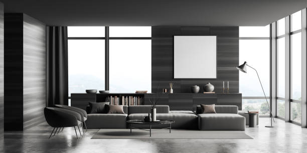 istock Grey living room interior with relax area and panoramic window, mockup frame 1433839426