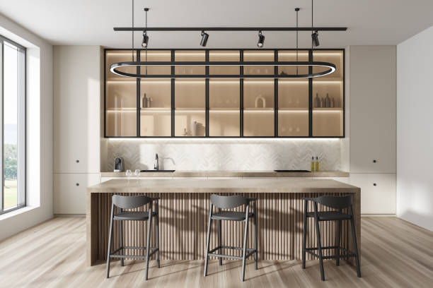 istock Modern bright kitchen room interior with island with barstools 1433839454