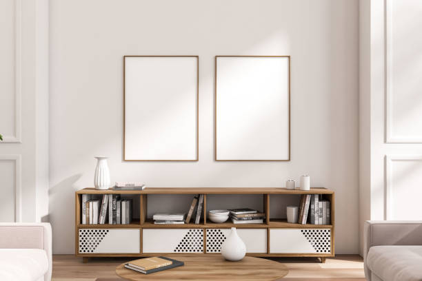 istock Light chill room interior with sideboard and decoration, mockup frames 1433839482