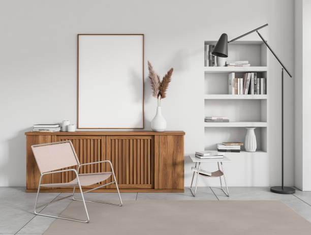istock Front view on bright living room interior with empty poster 1433839654