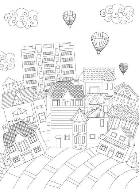 Vector illustration of funny cityscape with hot air balloons in the sky for your coloring book