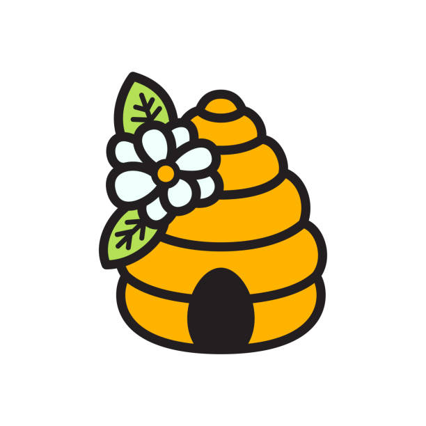 Orange beehive with daisy flower. Wasp nest. Bee house Orange beehive with daisy flower. Wasp nest. Bee house. VEctor illustration isolated on white background hornet swarm stock illustrations