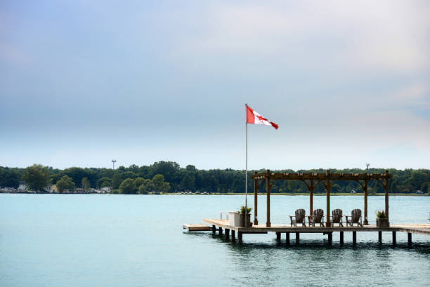 istock boat dock on a river with Canadian flag 1433841422