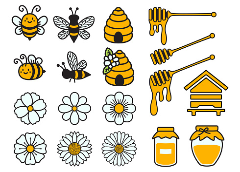 Bee bundle. Bumble bee set. Beehive, Honey jar, Queen bee. Honey dipper. Cute cartoon bugs