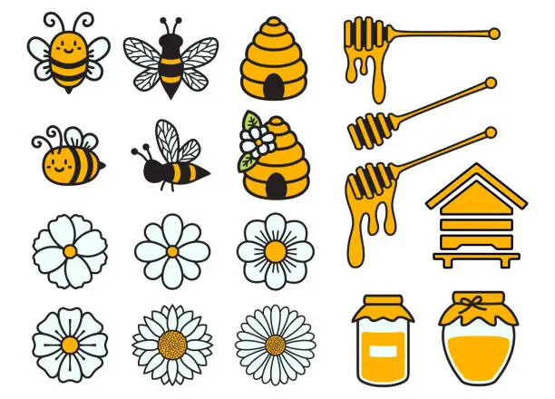 Vector illustration of Bee bundle. Bumble bee set. Beehive, Honey jar, Queen bee. Honey dipper. Cute cartoon bugs
