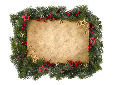 Christmas card with classic parchment paper framed by fir branches