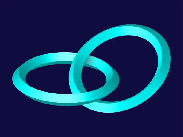 Vector illustration of Two abstract interlocking rings. Two interlocking mint rings on dark blue background. Quality realistic vector, 3d illustration or your web site design, app, UI. EPS10.