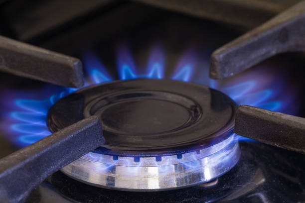 istock A natural gas burner with large flames. 1433845221