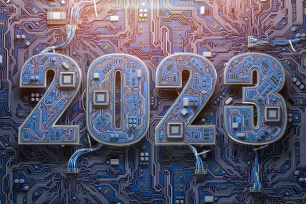 2023 on circuit board or motherboard with cpu. Computer technology and internet commucations digital concept background. Happy new 2023 year. stock photo