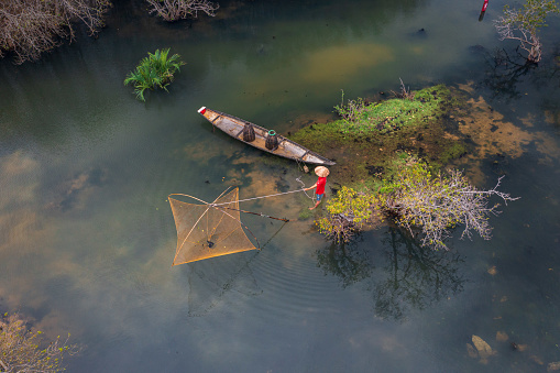Drone view fisherman in Ru Cha forest - a mangrove forest in leaf changing season - Huong Phong, Huong Tra, Thua Thien Hue province