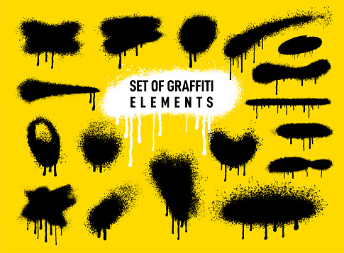 Big collection of graffiti elements lines, circles, frames. Set of graffiti spray pattern. Black symbols, dot and stroke with spray texture. Design elements, decoration, poster, street art and ads.