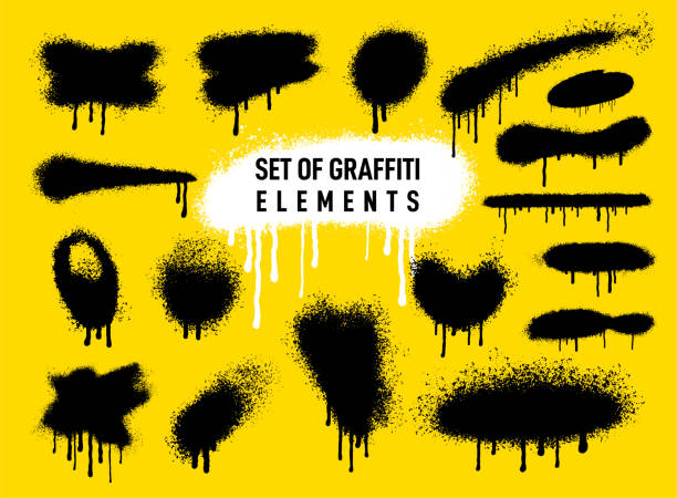 Big collection of graffiti elements lines, circles, frames. Set of graffiti spray pattern. Black symbols, dot and stroke with spray texture. Design elements, decoration, poster, street art and ads. vector art illustration