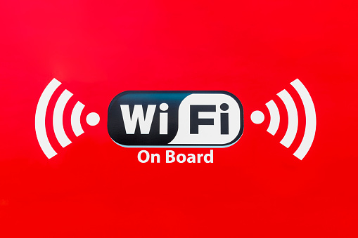 Midland, Canada - August 16, 2022: Free WIFI sign on a bus in Midland in Canada