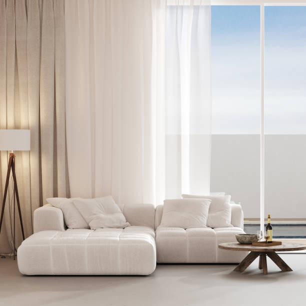 istock Contemporary interior with white sofa, curtains, big window and decor, 3d rendering 1433855825