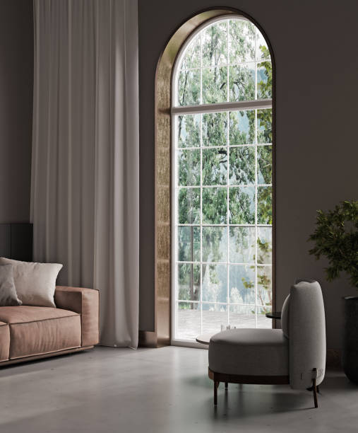 istock Dark interior with big window and cozy armchair, 3d rendering 1433855871