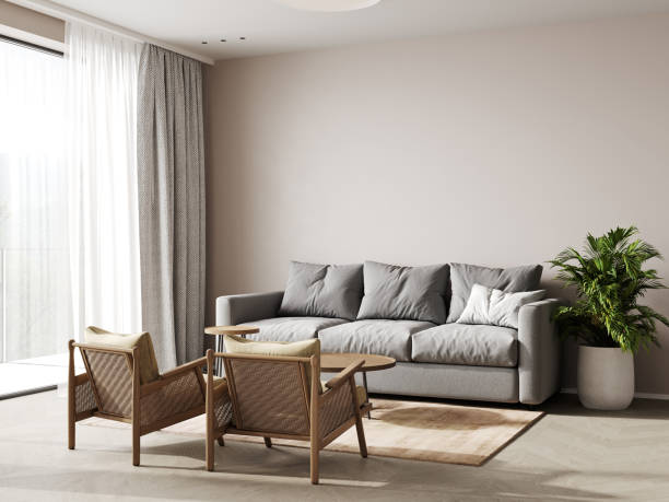 istock Interior wall mockup with sofa and pillows on empty white living room background. 3D rendering, illustration 1433855950