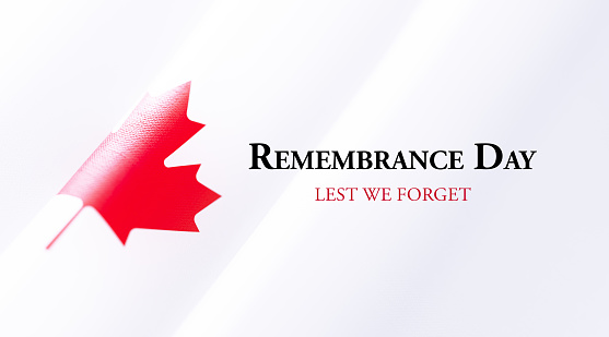 Remembrance Day message over rippled Canadian flag. Horizontal composition with copy space. Front view. Remembrance Day concept.