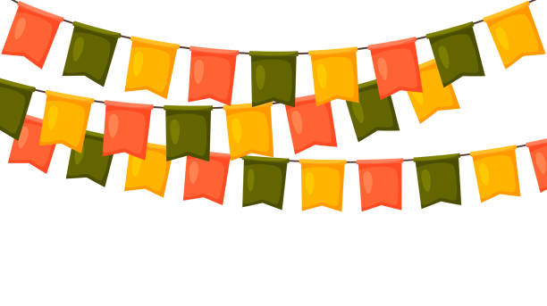 istock Thanksgiving bunting. Orange, red and yellow flag garland. Autumn holidays party decoration. Fall pennants chain. Celebration cartoon flags for decor. Vector footer and banner background 1433856477