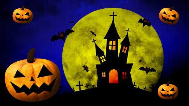istock Happy Halloween, pumpkins, bats and moon on colored background 1433858049