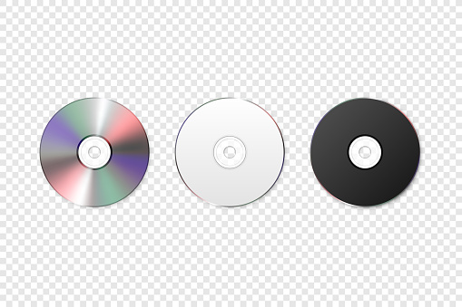 Vector 3d Realistic White, Black and Multicolor CD, DVD Closeup Isolated. CD Design Template for Mockup, Copy Space. Top View.