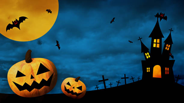 istock Happy Halloween, dancing pumpkins and bats on a colored background 1433858095