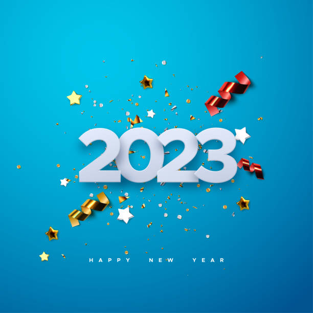 szczęśliwego nowego roku 2023. wektorowa ilustracja świąteczna wyciętych w papierze numerów 2023 z błyszczącymi cząstkami konfetti, złotymi gwiazdami i serpentynami - streamer stock illustrations