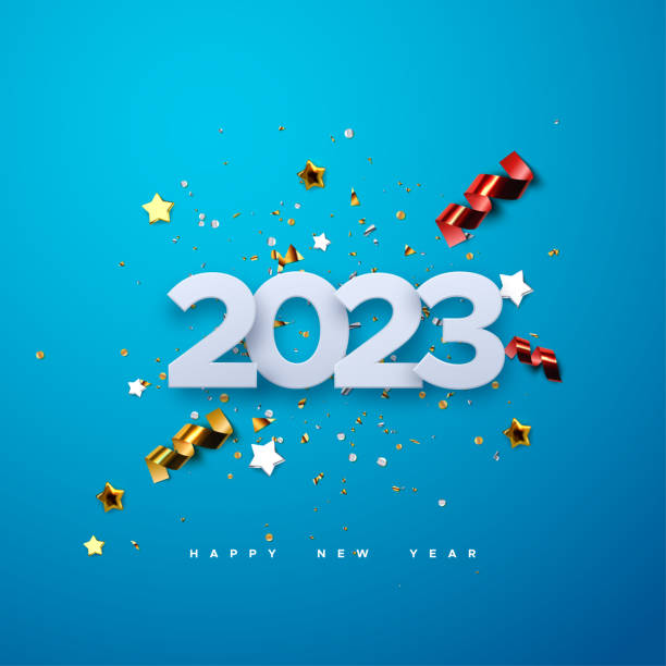 happy new 2023 year. vector holiday illustration of paper cut 2023 numbers with sparkling confetti particles, golden stars and streamers - happy new year stock illustrations