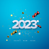 istock Happy New 2023 Year. Vector holiday illustration of paper cut 2023 numbers with sparkling confetti particles, golden stars and streamers 1433858116