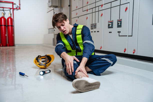 istock An engineer calls for assistance after a team member sustains a leg injury while doing electrical work. 1433858719