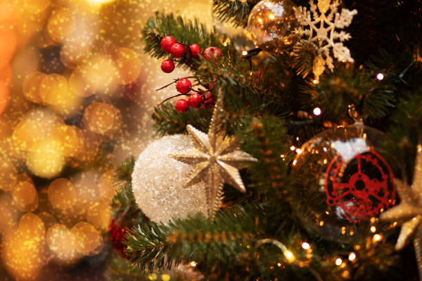 istock Decorated Christmas tree on blurred background,magical atmospheric light 1433859754