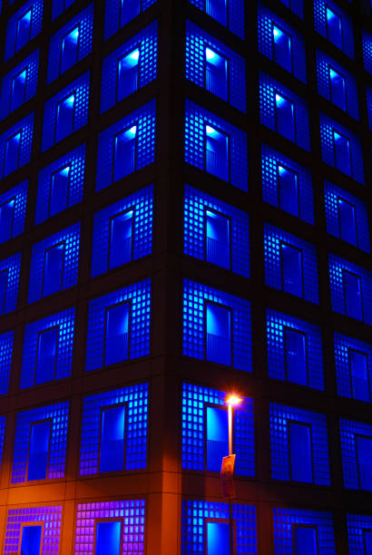 blue illumination of Stuttgarts modern library building