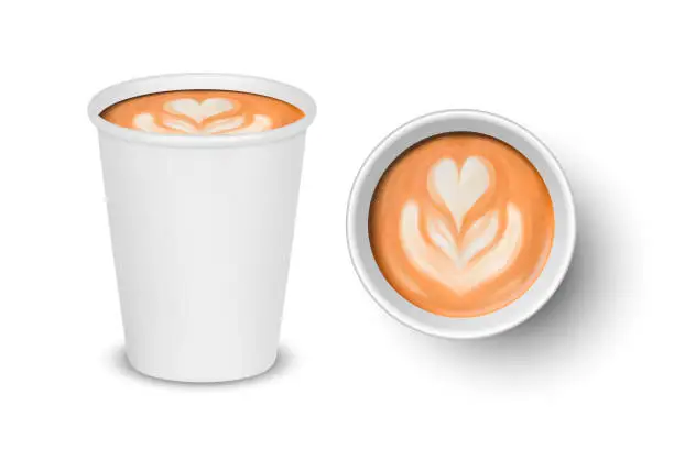 Vector illustration of Vector 3d Realistic Paper White Disposable Cup Set Isolated with Milk Coffee Foam Isolated. Latte, Capuccino. Stock Vector Illustration. Design Template. Top and Front View