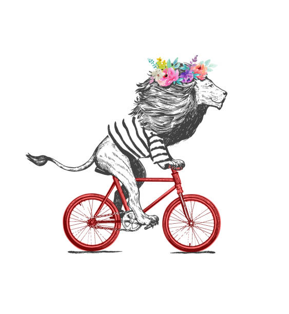 tシャツとリースを着たライオンが自転車に乗るベクターイラスト。ヴィンテージマスコットライオンサイクルバイクホワイトに隔離 - circus lion点のイラスト素材／クリップアート素材／マンガ素材／アイコン素材