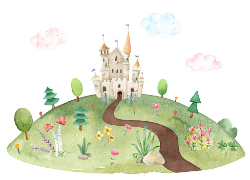 Childish watercolor meadow illustration. Nature summer scenery meadow with ground trail, fairy castle, trees, forest, green grass and flowers, stones and mushrooms . Woodland valley environment