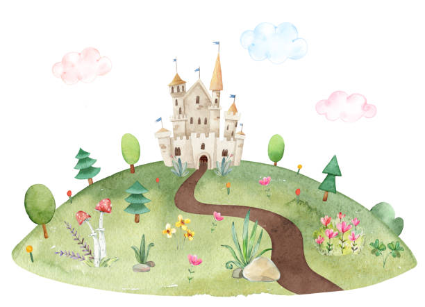 Childish watercolor illustration of summer scenery meadow with ground trail, fairy castle, trees, green grass, flowers Childish watercolor meadow illustration. Nature summer scenery meadow with ground trail, fairy castle, trees, forest, green grass and flowers, stones and mushrooms . Woodland valley environment mushroom kingdom stock illustrations
