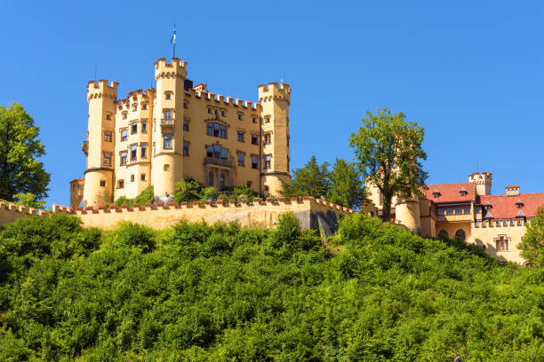 Hohenschwangau Castle view on sky background, Bavaria, Germany Hohenschwangau Castle view on sky background, Bavaria, Germany. Schloss Hohenschwangau is landmark of German Alps. Scenery of old Schwangau castle, palace of King Ludwig II on green hill in summer. fussen stock pictures, royalty-free photos & images