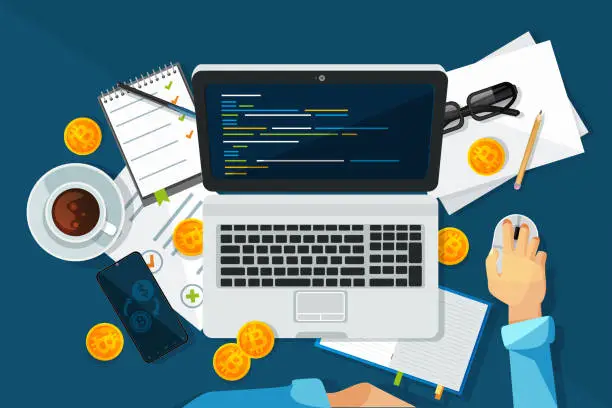 Vector illustration of The concept of virtual finance, cryptocurrency and mining. Blockchain technology, bitcoin mining in flat style. A young man mines bitcoins on a computer on a colored background with devices and office supplies.