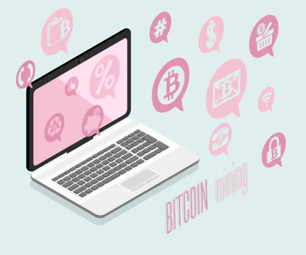 Vector illustration of The concept of virtual finance, cryptocurrency and mining. Blockchain technology, bitcoin mining in flat style. Laptop and icons on a colored background, isometric view.