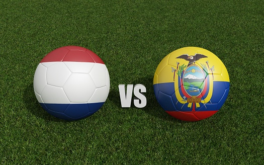 Footballs in flags colors on grass . Netherlands with Ecuador. Football championship. 3d rendering