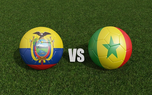 Footballs in flags colors on grass . Ecuador with Senegal. Football championship. 3d rendering