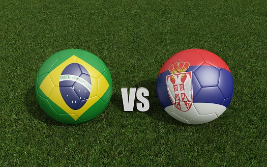 Footballs in flags colors on grass . Brazi with serbia. World Cup football championship 2022 .3d rendering