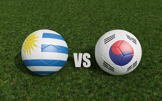 Footballs in flags colors on grass . Uruguay with South Korea. World Cup football championship 2022 .3d rendering