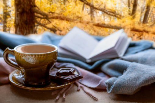 The idea of coziness, hugge, home comfort. Autumn light sadness. Coffee, chocolate, a blanket and a book on the background of a forest landscape on an autumn evening.
