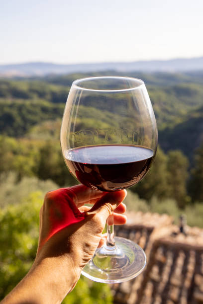 donna che tiene un bicchiere di vino rosso con un bellissimo paesaggio d'italia in uno sfondo in una giornata di sole. vista dalla finestra. - montalcino foto e immagini stock