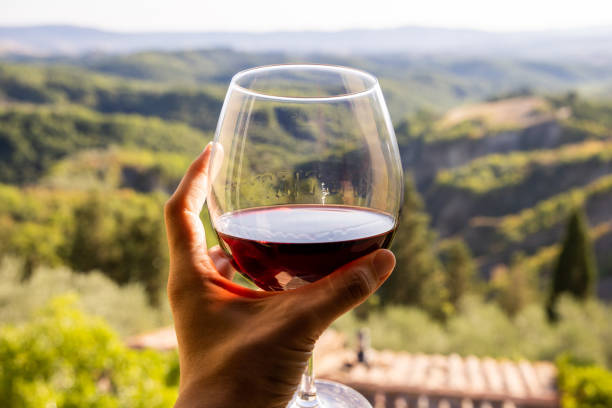 donna che tiene un bicchiere di vino rosso con un bellissimo paesaggio d'italia in uno sfondo in una giornata di sole. vista dalla finestra. - montalcino foto e immagini stock